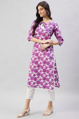 Winered women purple print pom-pom lace kurta