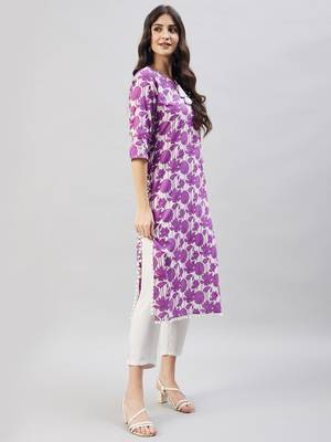 Winered women purple print pom-pom lace kurta 4