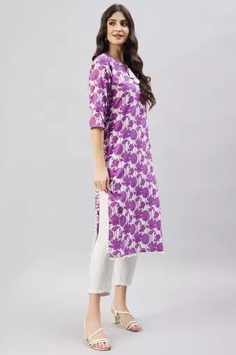 Winered women purple print pom-pom lace kurta