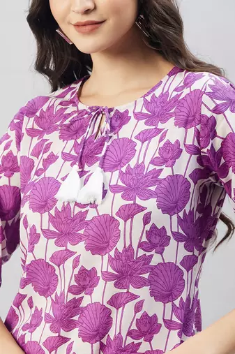 Winered women purple print pom-pom lace kurta