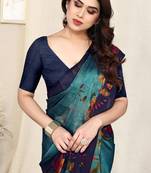 Turquoise chiffon floral print saree with unstitched blouse piece
