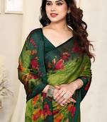 Perot green chiffon floral print saree with unstitched blouse piece