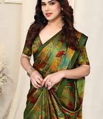 Olive Green Chiffon Bird Parrot Print Saree With Unstitched Blouse Piece