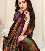 Wine Chiffon Bird Parrot Print Saree With Unstitched Blouse Piece