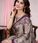 Beige Chiffon Geometric Chevron Print Saree With Unstitched Blouse Piece