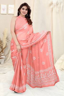 Light Orange Chiffon Batik Print Saree With Unstitched Blouse Piece 2