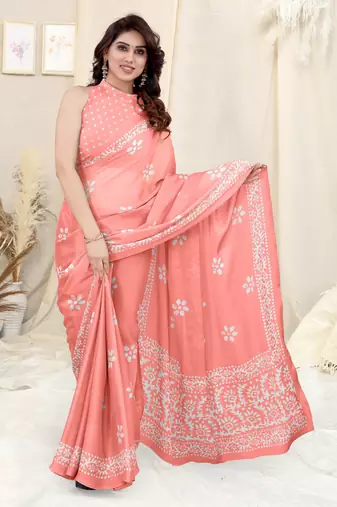 Light Orange Chiffon Batik Print Saree With Unstitched Blouse Piece
