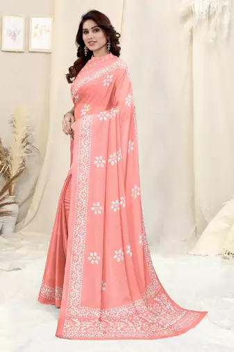 Light Orange Chiffon Batik Print Saree With Unstitched Blouse Piece