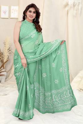 Pista Green Chiffon Batik Print Saree With Unstitched Blouse Piece 2