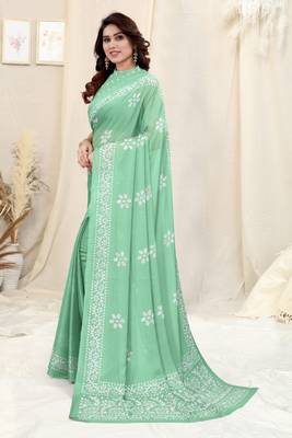 Pista Green Chiffon Batik Print Saree With Unstitched Blouse Piece 3