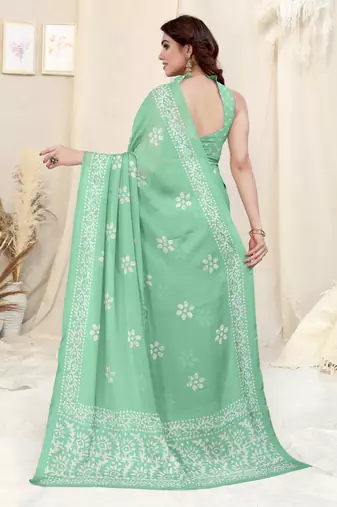 Pista Green Chiffon Batik Print Saree With Unstitched Blouse Piece