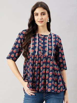 Winered women blue floral print yoke lace top 1