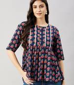 Winered women blue floral print yoke lace top