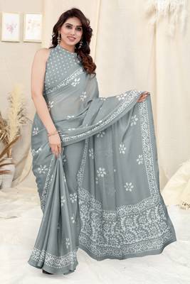 Grey Chiffon Batik Print Saree With Unstitched Blouse Piece 2