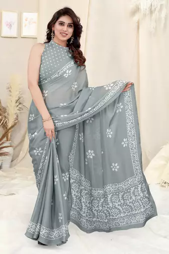 Grey Chiffon Batik Print Saree With Unstitched Blouse Piece