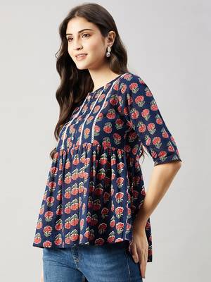 Winered women blue floral print yoke lace top 3