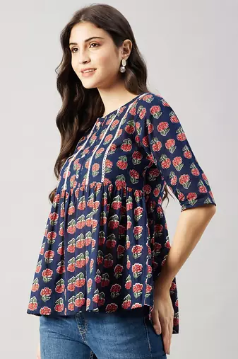 Winered women blue floral print yoke lace top