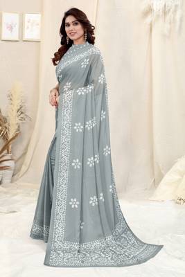 Grey Chiffon Batik Print Saree With Unstitched Blouse Piece 3