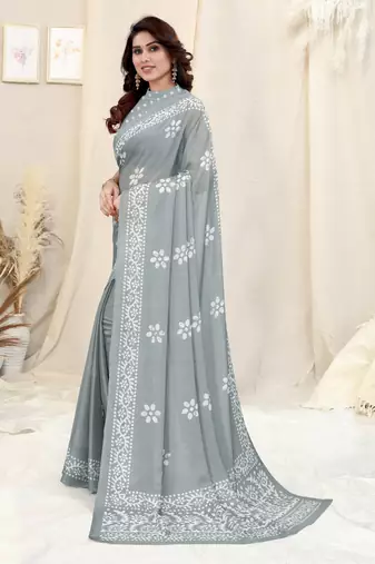 Grey Chiffon Batik Print Saree With Unstitched Blouse Piece
