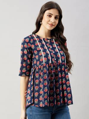 Winered women blue floral print yoke lace top 4