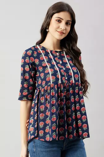 Winered women blue floral print yoke lace top