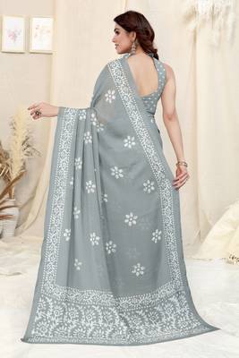 Grey Chiffon Batik Print Saree With Unstitched Blouse Piece 4