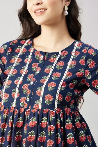 Winered women blue floral print yoke lace top