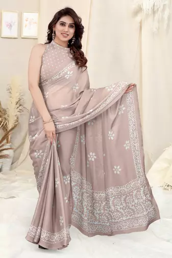 Beige Chiffon Batik Print Saree With Unstitched Blouse Piece