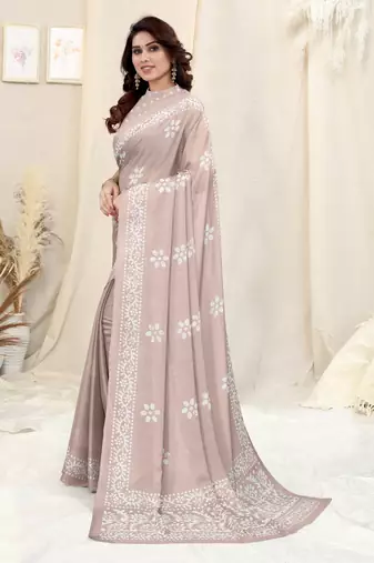 Beige Chiffon Batik Print Saree With Unstitched Blouse Piece