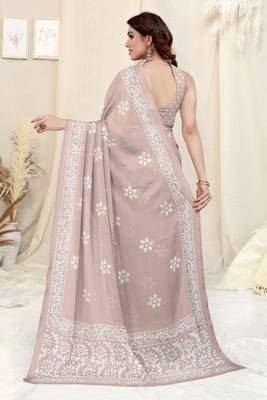 Beige Chiffon Batik Print Saree With Unstitched Blouse Piece 4