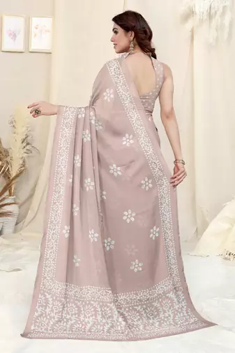 Beige Chiffon Batik Print Saree With Unstitched Blouse Piece