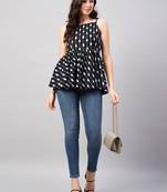 Winered women black ikat print strap top waist tie-up at back