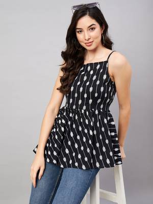 Winered women black ikat print strap top waist tie-up at back 2