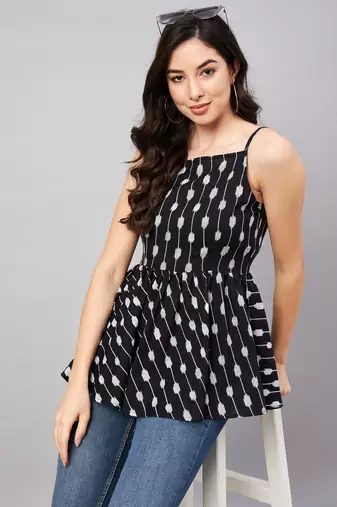 Winered women black ikat print strap top waist tie-up at back