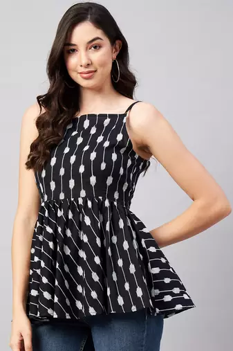 Winered women black ikat print strap top waist tie-up at back