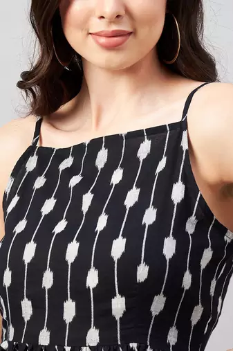 Winered women black ikat print strap top waist tie-up at back