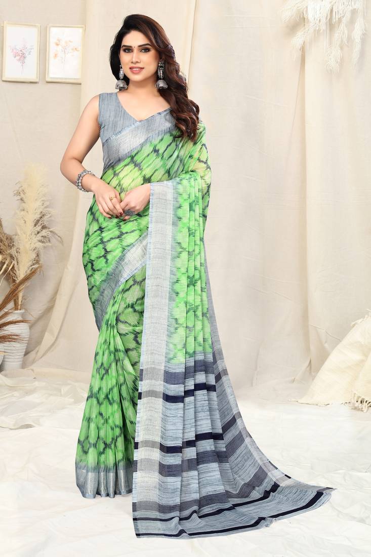 Light green chiffon ikkat print stripe silver zari line border saree ...