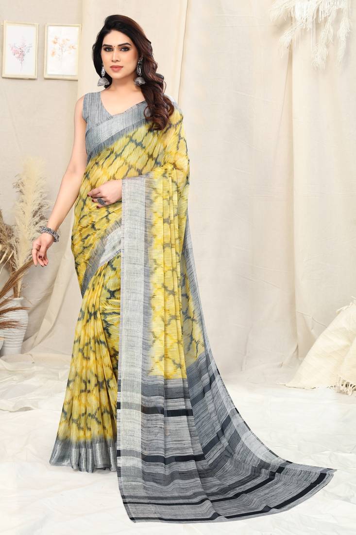 Light yellow chiffon ikkat print stripe silver zari line border saree ...
