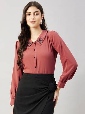 Winered women pink collared shirt with contrast embriodery 1