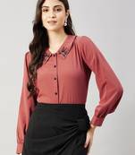 Winered women pink collared shirt with contrast embriodery