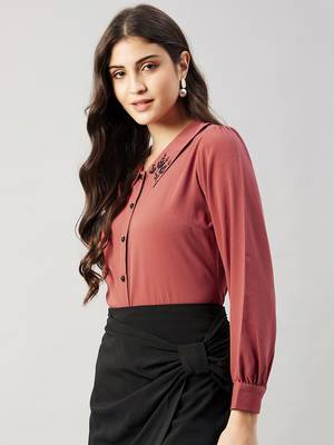 Winered women pink collared shirt with contrast embriodery 3