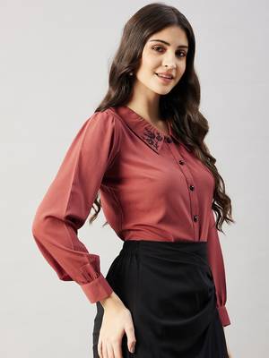 Winered women pink collared shirt with contrast embriodery 4