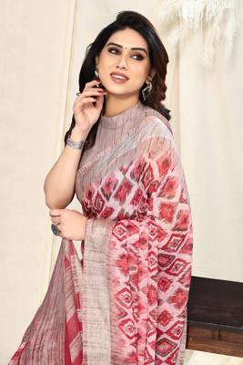 Coral chiffon ikkat print stripe silver zari line border saree with unstitched blouse piece 1