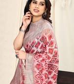 Coral chiffon ikkat print stripe silver zari line border saree with unstitched blouse piece