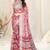 Coral chiffon ikkat print stripe silver zari line border saree with unstitched blouse piece