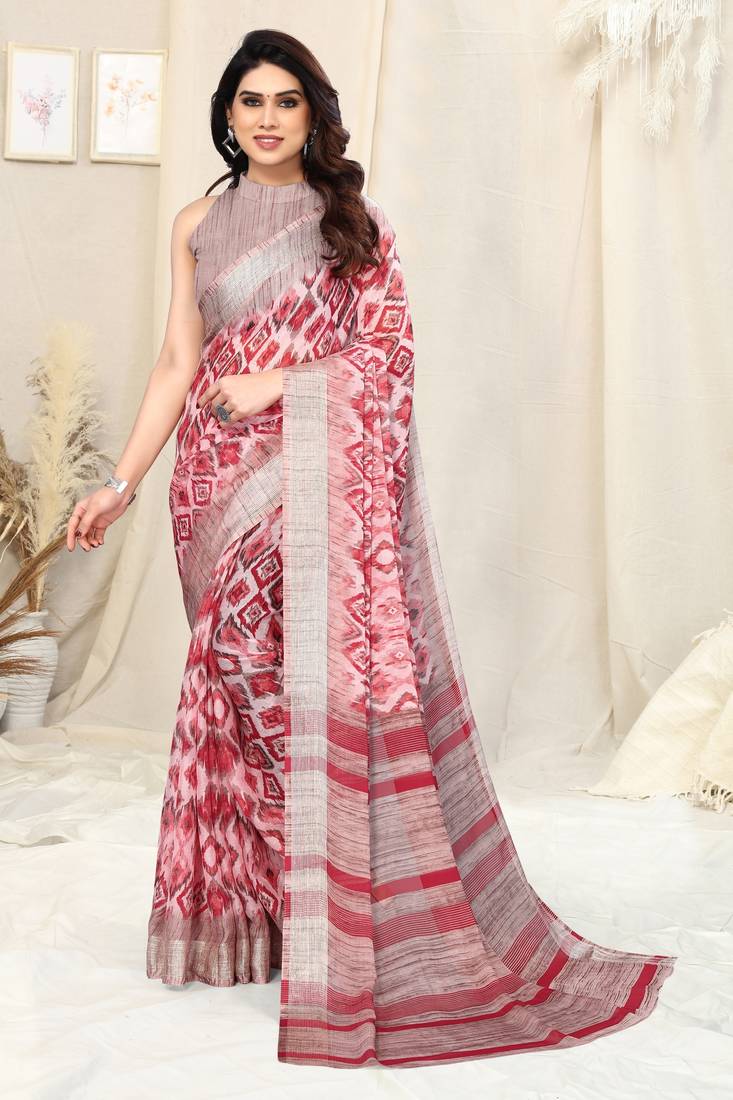 Coral chiffon ikkat print stripe silver zari line border saree with unstitched blouse piece
