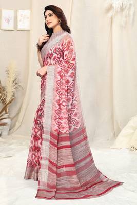 Coral chiffon ikkat print stripe silver zari line border saree with unstitched blouse piece 3
