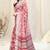 Coral chiffon ikkat print stripe silver zari line border saree with unstitched blouse piece
