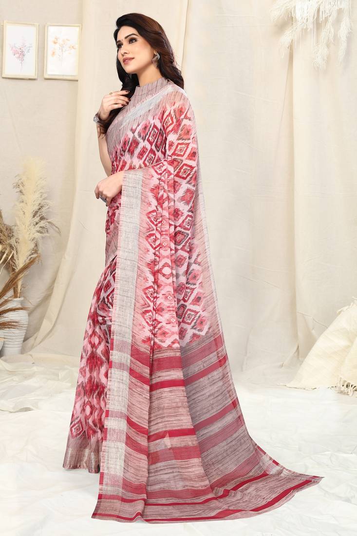 Coral chiffon ikkat print stripe silver zari line border saree with unstitched blouse piece