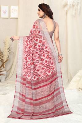 Coral chiffon ikkat print stripe silver zari line border saree with unstitched blouse piece 4
